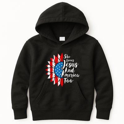 She Loves Jesus And America Too 4th Of July Sunflower Kids Hoodie