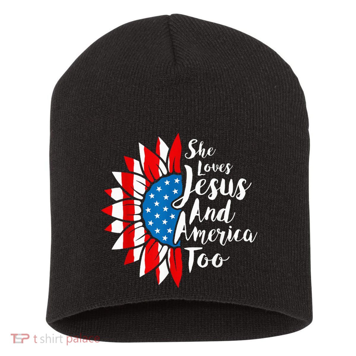 She Loves Jesus And America Too 4th Of July Sunflower Short Acrylic Beanie
