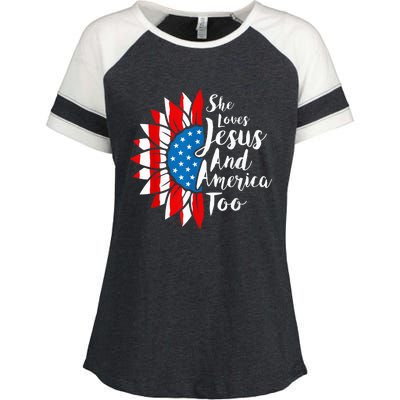 She Loves Jesus And America Too 4th Of July Sunflower Enza Ladies Jersey Colorblock Tee