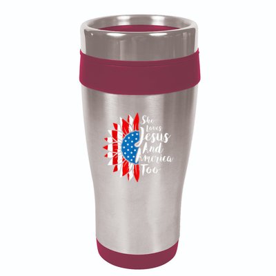 She Loves Jesus And America Too 4th Of July Sunflower 16oz Travel Tumbler
