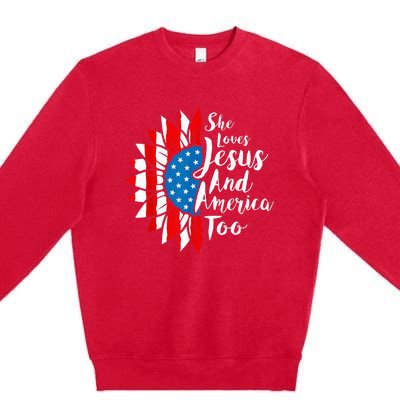 She Loves Jesus And America Too 4th Of July Sunflower Premium Crewneck Sweatshirt