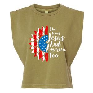 She Loves Jesus And America Too 4th Of July Sunflower Garment-Dyed Women's Muscle Tee