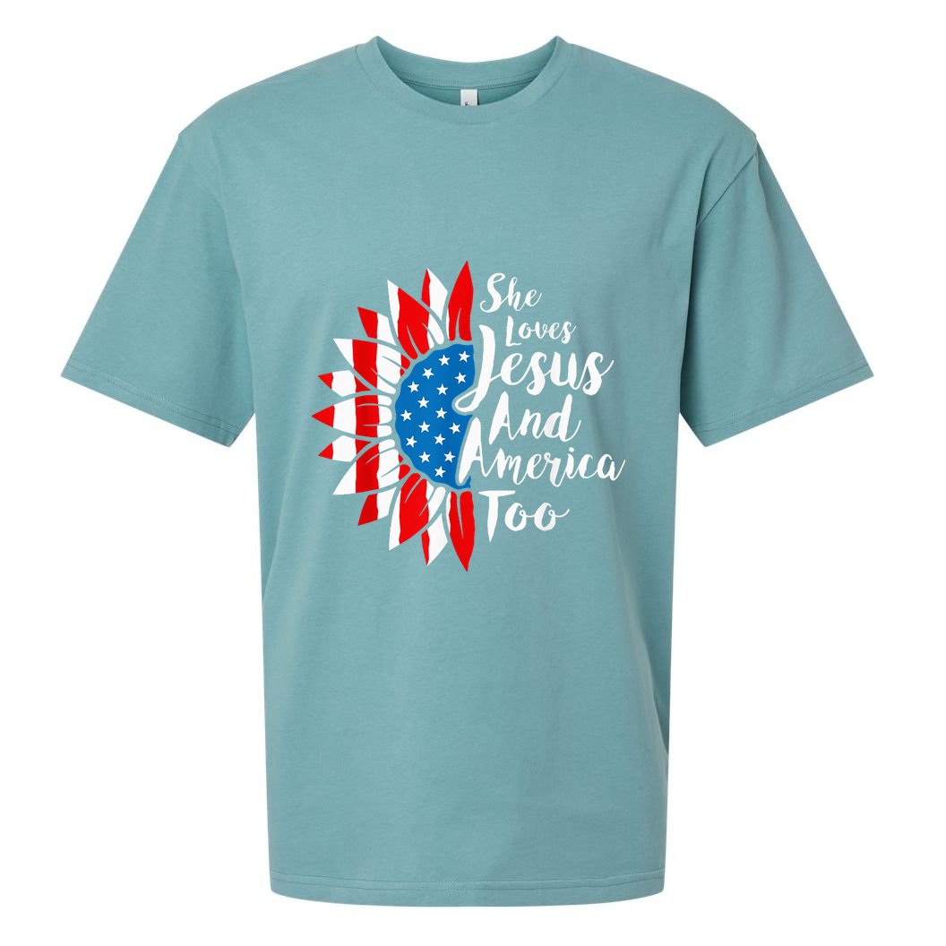 She Loves Jesus And America Too 4th Of July Sunflower Sueded Cloud Jersey T-Shirt