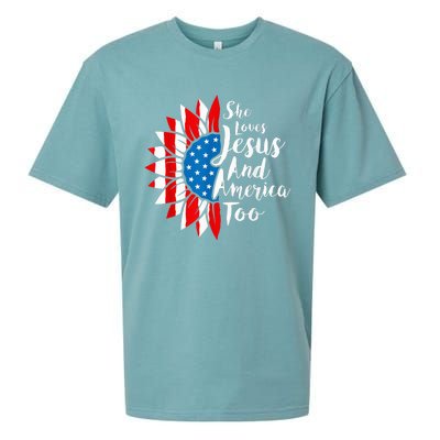 She Loves Jesus And America Too 4th Of July Sunflower Sueded Cloud Jersey T-Shirt