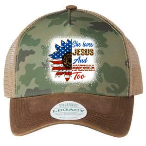 She Love Jesus And America Too American Flag Sunflower Gift Legacy Tie Dye Trucker Hat