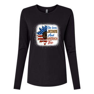 She Love Jesus And America Too American Flag Sunflower Gift Womens Cotton Relaxed Long Sleeve T-Shirt