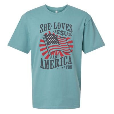 She Loves Jesus And America Too Flag Christian 4th Of July Sueded Cloud Jersey T-Shirt