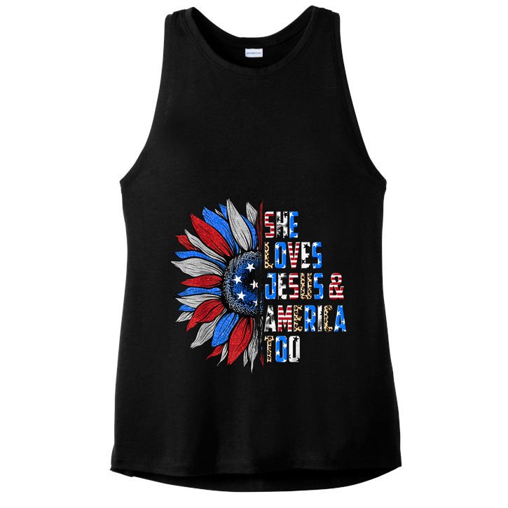 She Loves Jesus And America Too Wo US Sunflower Ladies PosiCharge Tri-Blend Wicking Tank