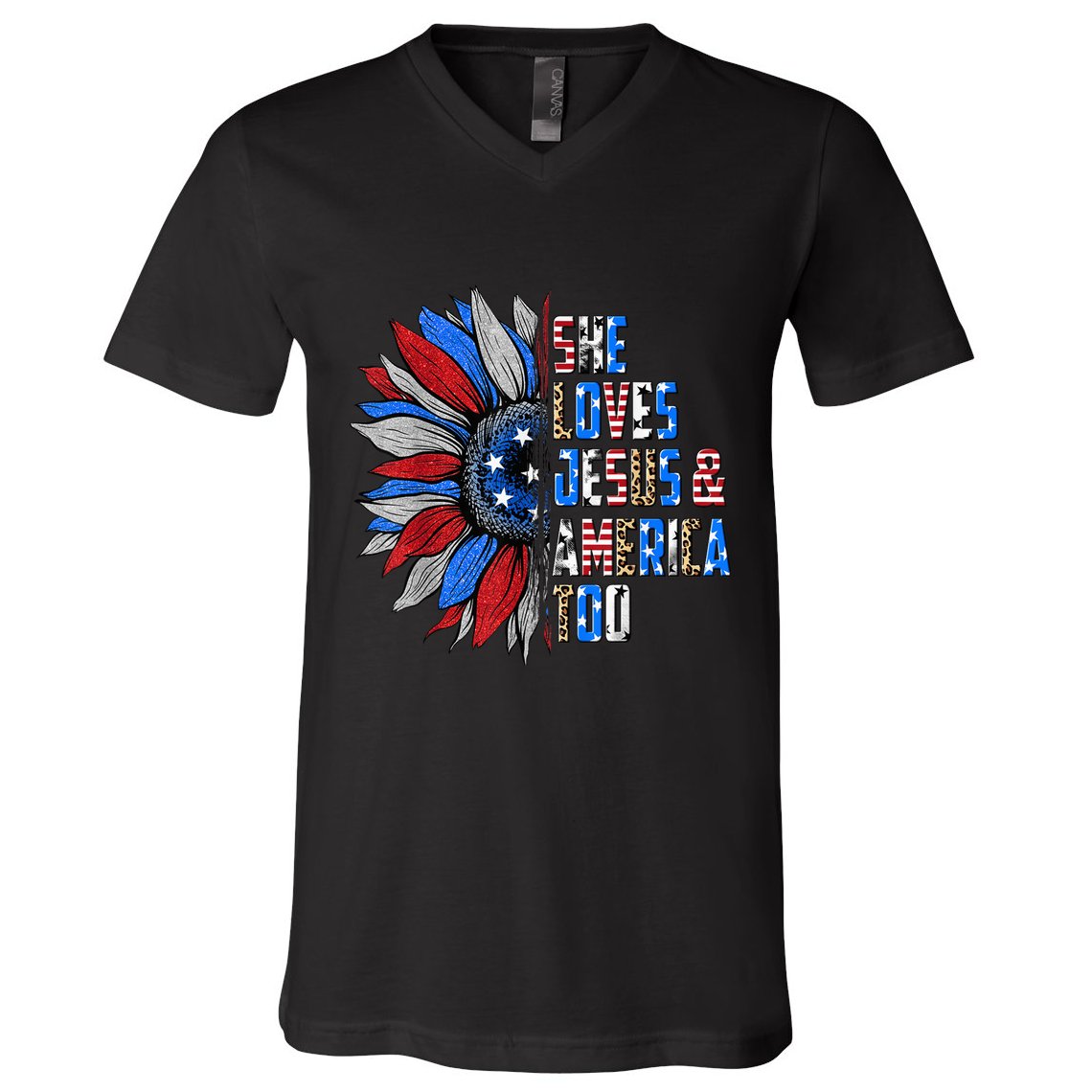 She Loves Jesus And America Too Wo US Sunflower V-Neck T-Shirt