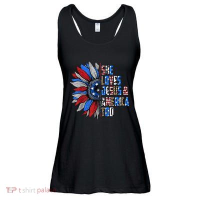 She Loves Jesus And America Too Wo US Sunflower Ladies Essential Flowy Tank