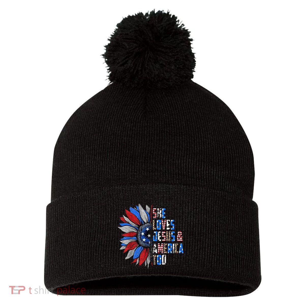 She Loves Jesus And America Too Wo US Sunflower Pom Pom 12in Knit Beanie