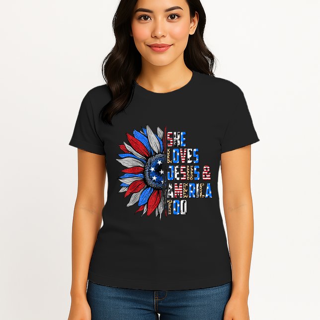 She Loves Jesus And America Too Wo US Sunflower Womens T-Shirt
