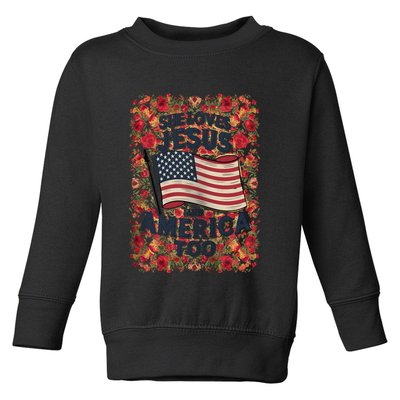 She Loves Jesus And America Too Floral Retro Toddler Sweatshirt