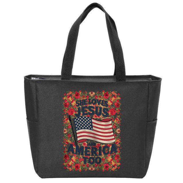 She Loves Jesus And America Too Floral Retro Zip Tote Bag