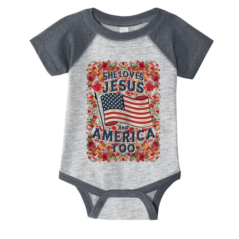 She Loves Jesus And America Too Floral Retro Infant Baby Jersey Bodysuit