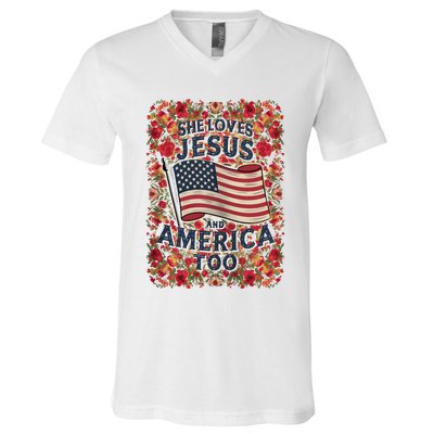 She Loves Jesus And America Too Floral Retro V-Neck T-Shirt