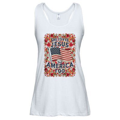 She Loves Jesus And America Too Floral Retro Ladies Essential Flowy Tank