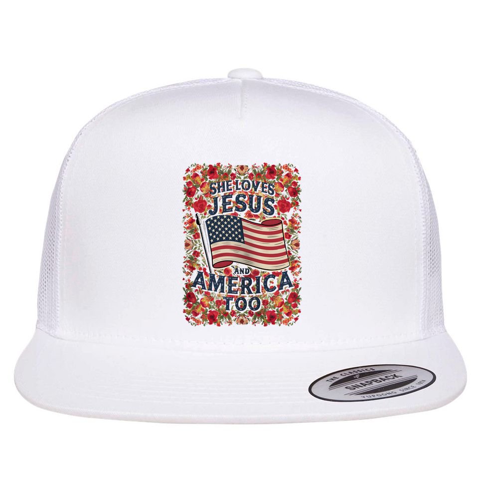 She Loves Jesus And America Too Floral Retro Flat Bill Trucker Hat