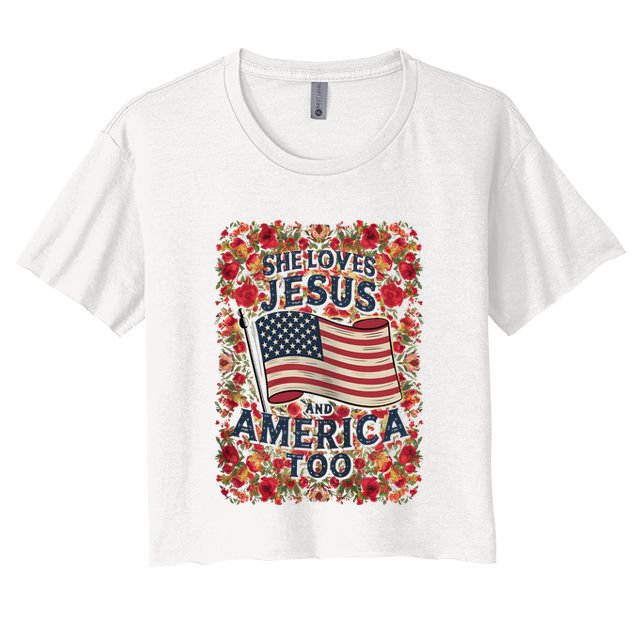 She Loves Jesus And America Too Floral Retro Crop Top