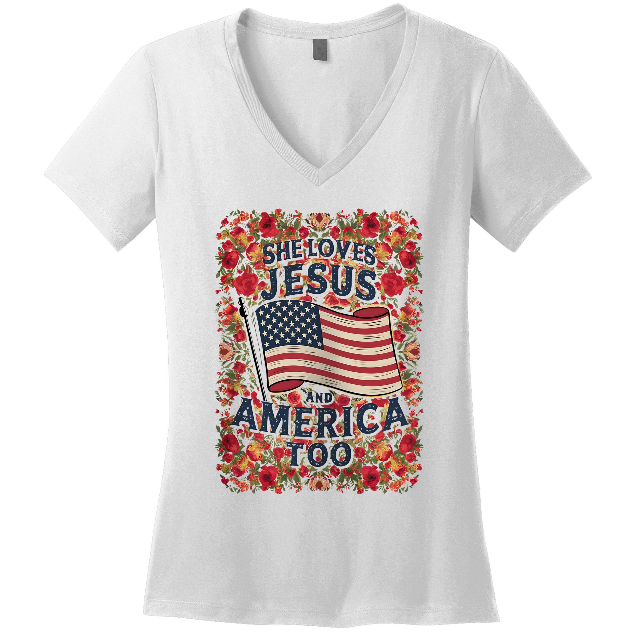 She Loves Jesus And America Too Floral Retro Women's V-Neck T-Shirt