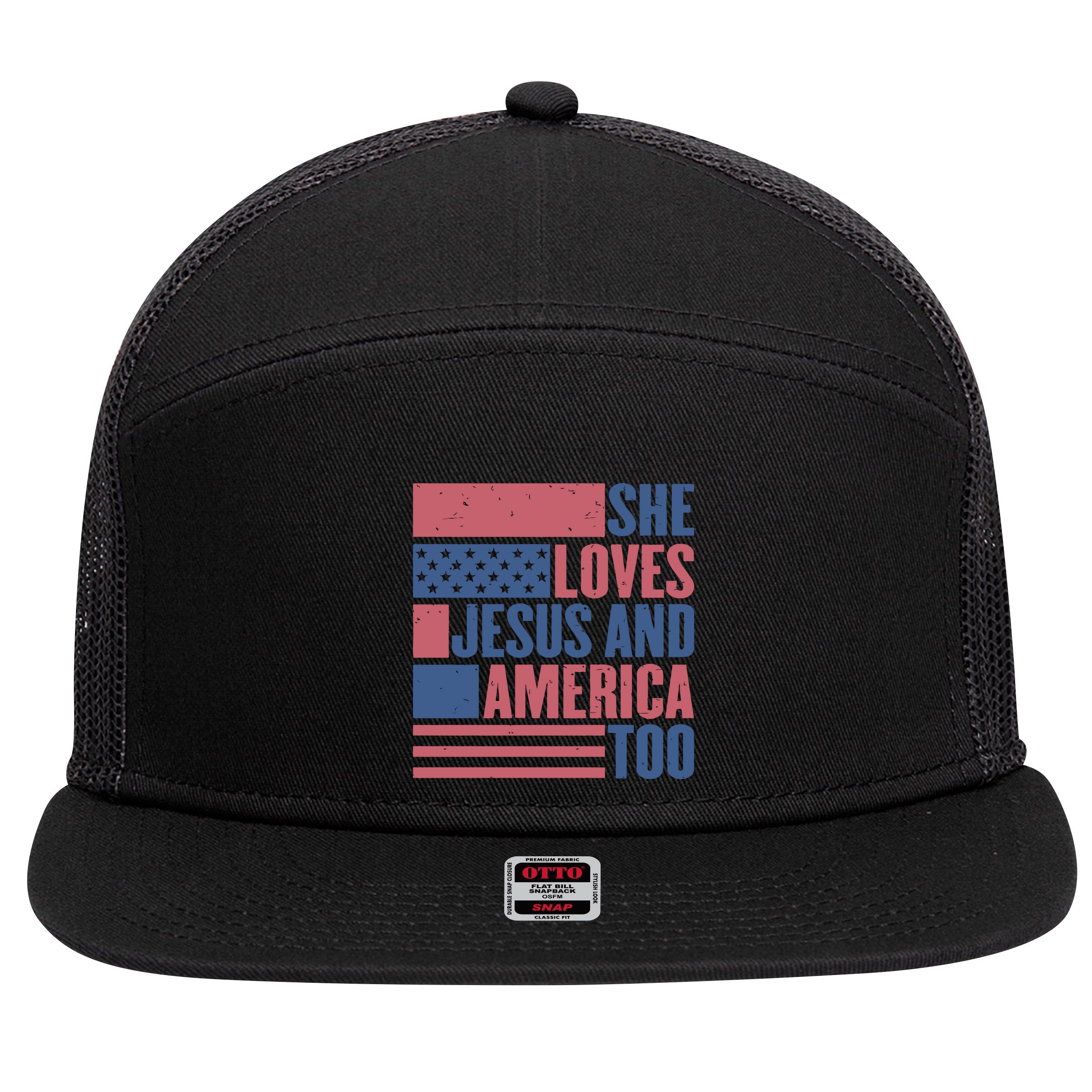 She Loves Jesus And America Too Happy 4th Of July 7 Panel Mesh Trucker Snapback Hat