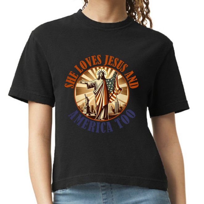 She Loves Jesus And America Too Jesus Lover Comfort Colors Boxy T-Shirt