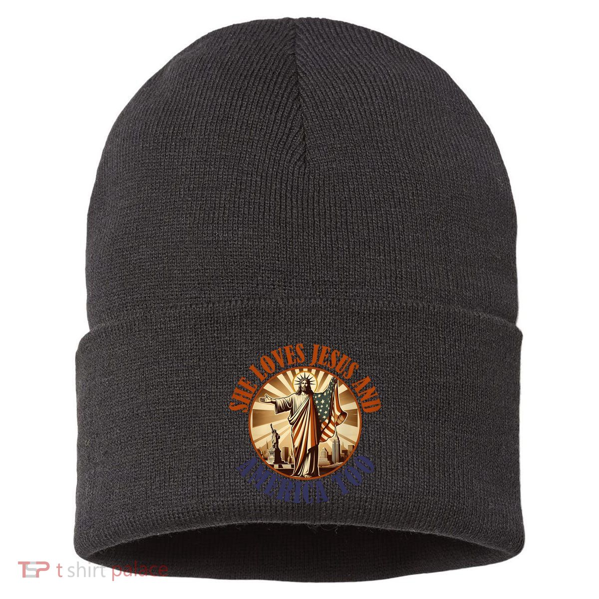 She Loves Jesus And America Too Jesus Lover Sustainable Knit Beanie