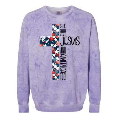 She Loves Jesus And America Too 4th Of July Colorblast Crewneck Sweatshirt