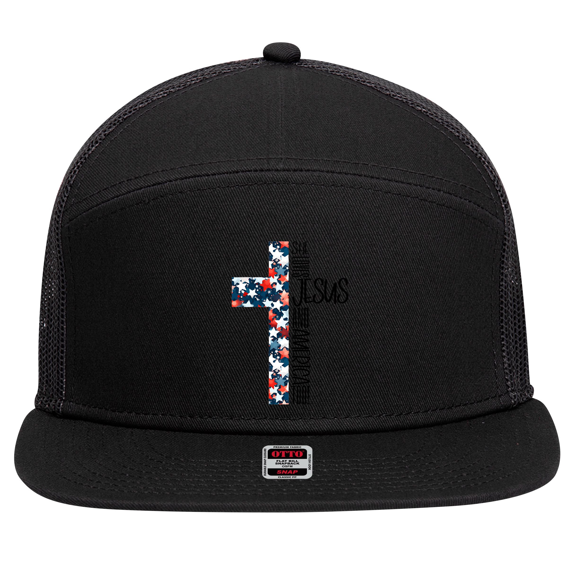 She Loves Jesus And America Too 4th Of July 7 Panel Mesh Trucker Snapback Hat