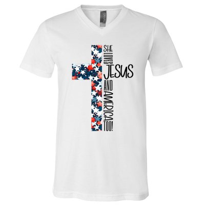 She Loves Jesus And America Too 4th Of July V-Neck T-Shirt