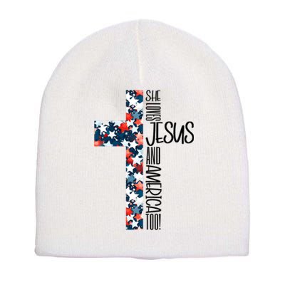 She Loves Jesus And America Too 4th Of July Short Acrylic Beanie