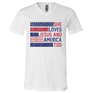 She Loves Jesus And America Too 4th Of July Patriotic V-Neck T-Shirt