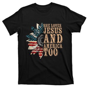 She Love Jesus And America Too Funny Sunflower America Flag T-Shirt