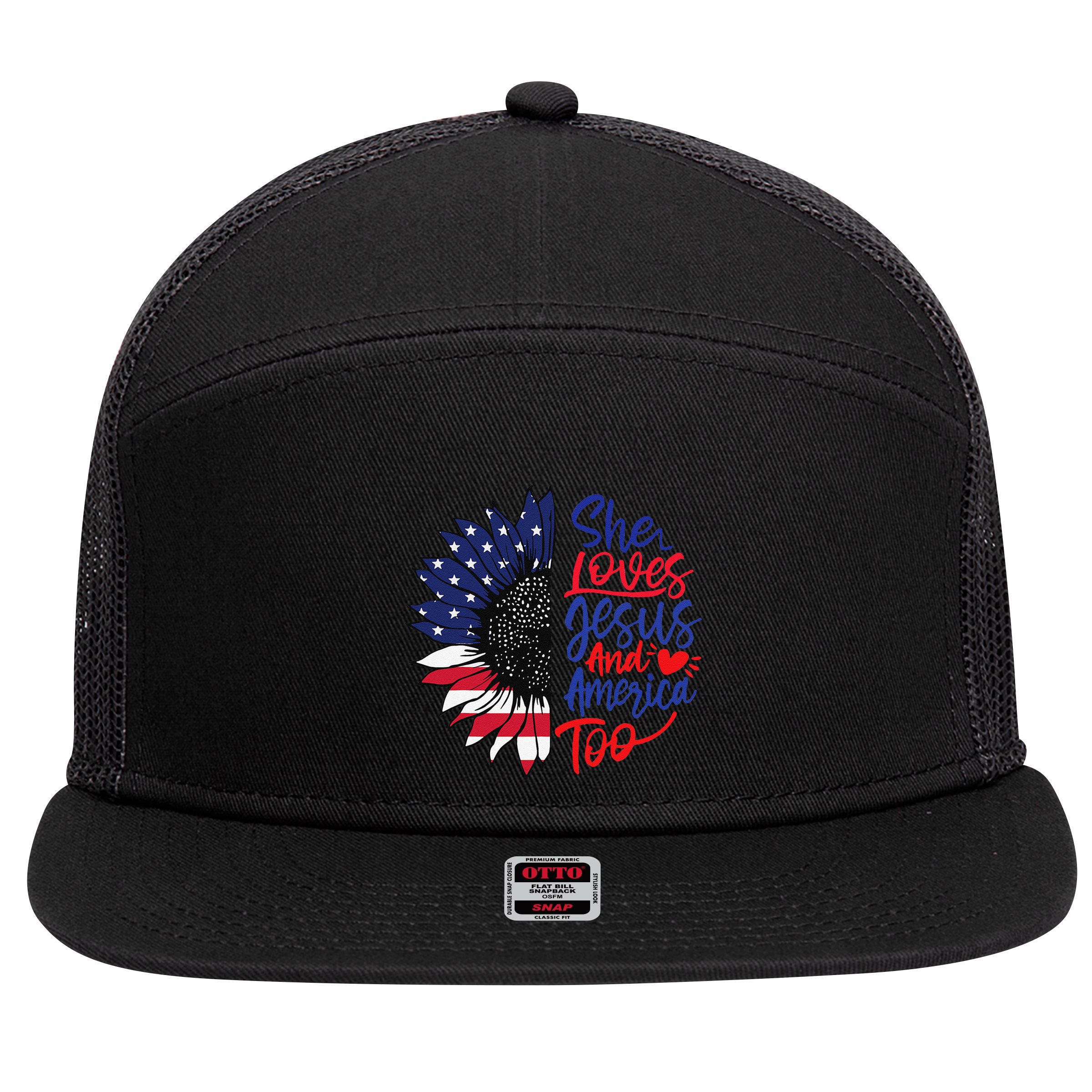 She Loves Jesus And America Too 7 Panel Mesh Trucker Snapback Hat