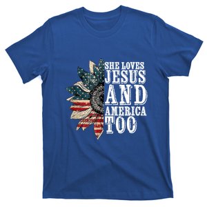 She Love Jesus And America Too Funny Sunflower America Flag Gift T-Shirt