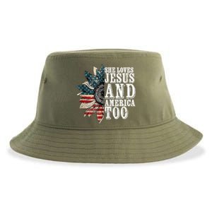 She Love Jesus And America Too Funny Sunflower America Flag Gift Sustainable Bucket Hat