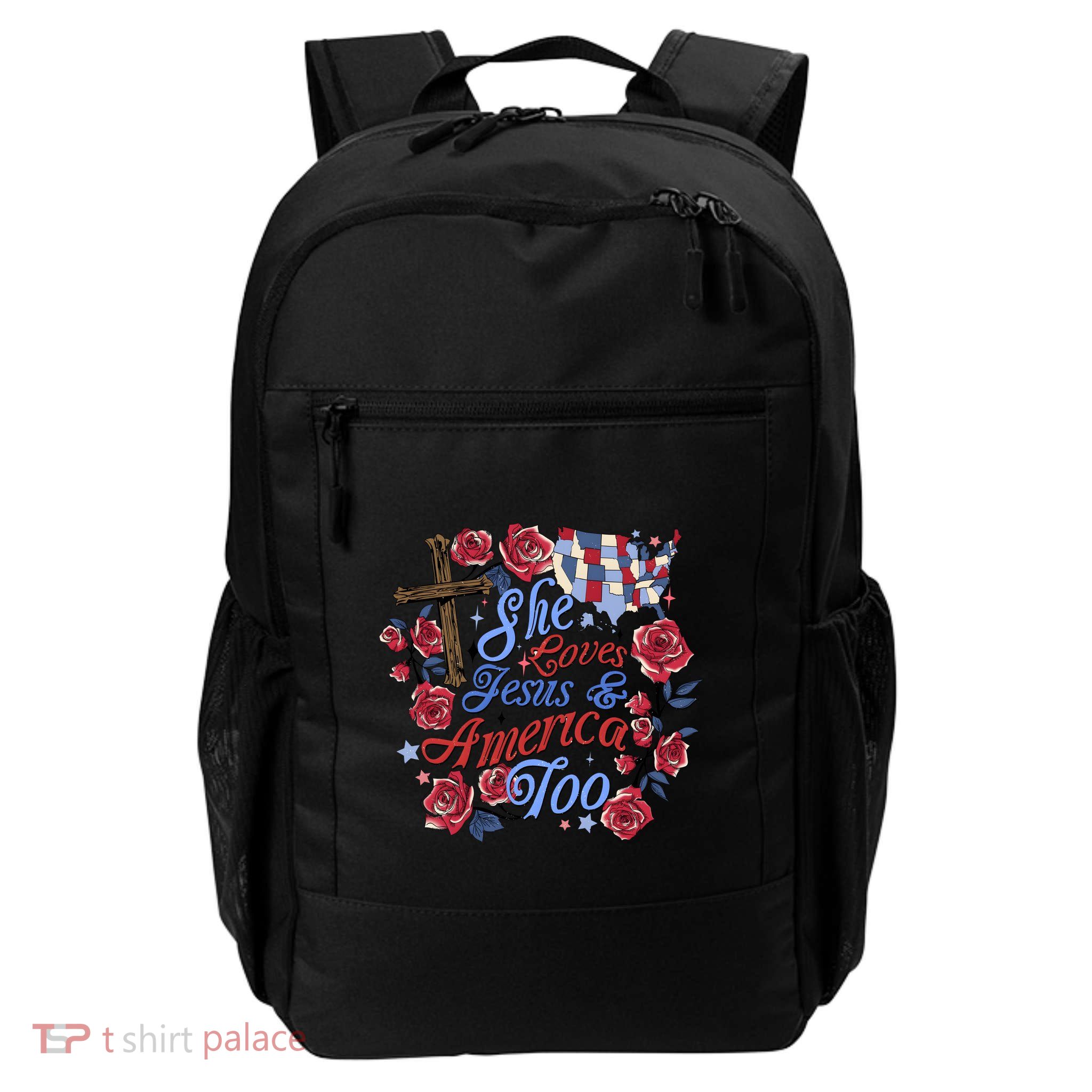 She Loves Jesus And America Too Floral Cross Backpack