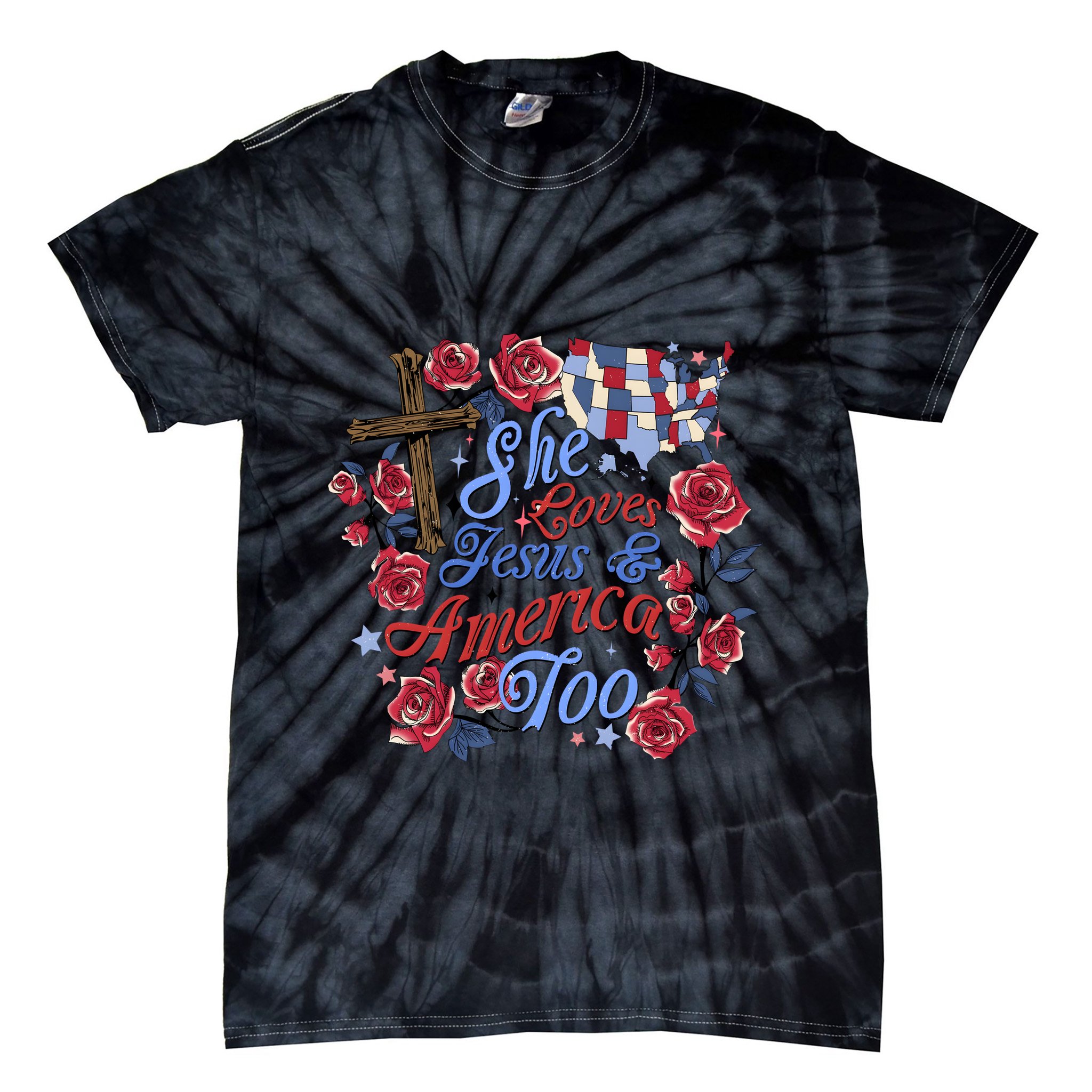 She Loves Jesus And America Too Floral Cross Tie-Dye T-Shirt