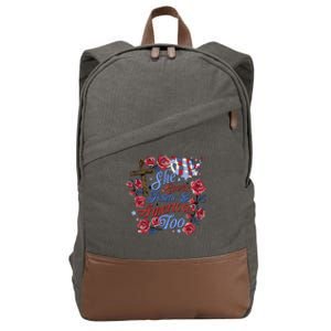 She Loves Jesus And America Too Floral Cross Cotton Canvas Backpack