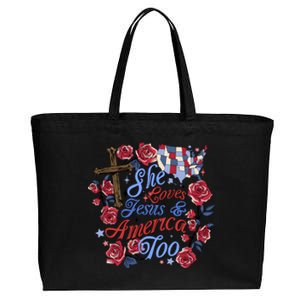 She Loves Jesus And America Too Floral Cross Cotton Canvas Jumbo Tote