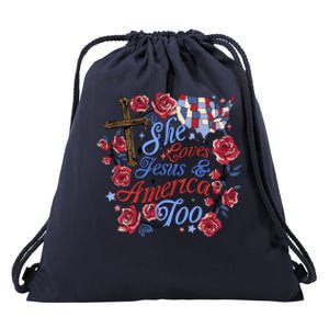 She Loves Jesus And America Too Floral Cross Drawstring Bag