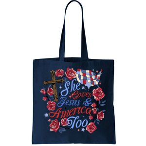 She Loves Jesus And America Too Floral Cross Tote Bag