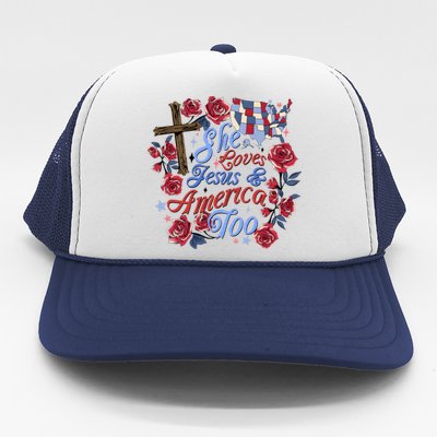 She Loves Jesus And America Too Floral Cross Trucker Hat