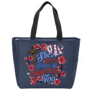 She Loves Jesus And America Too Floral Cross Zip Tote Bag