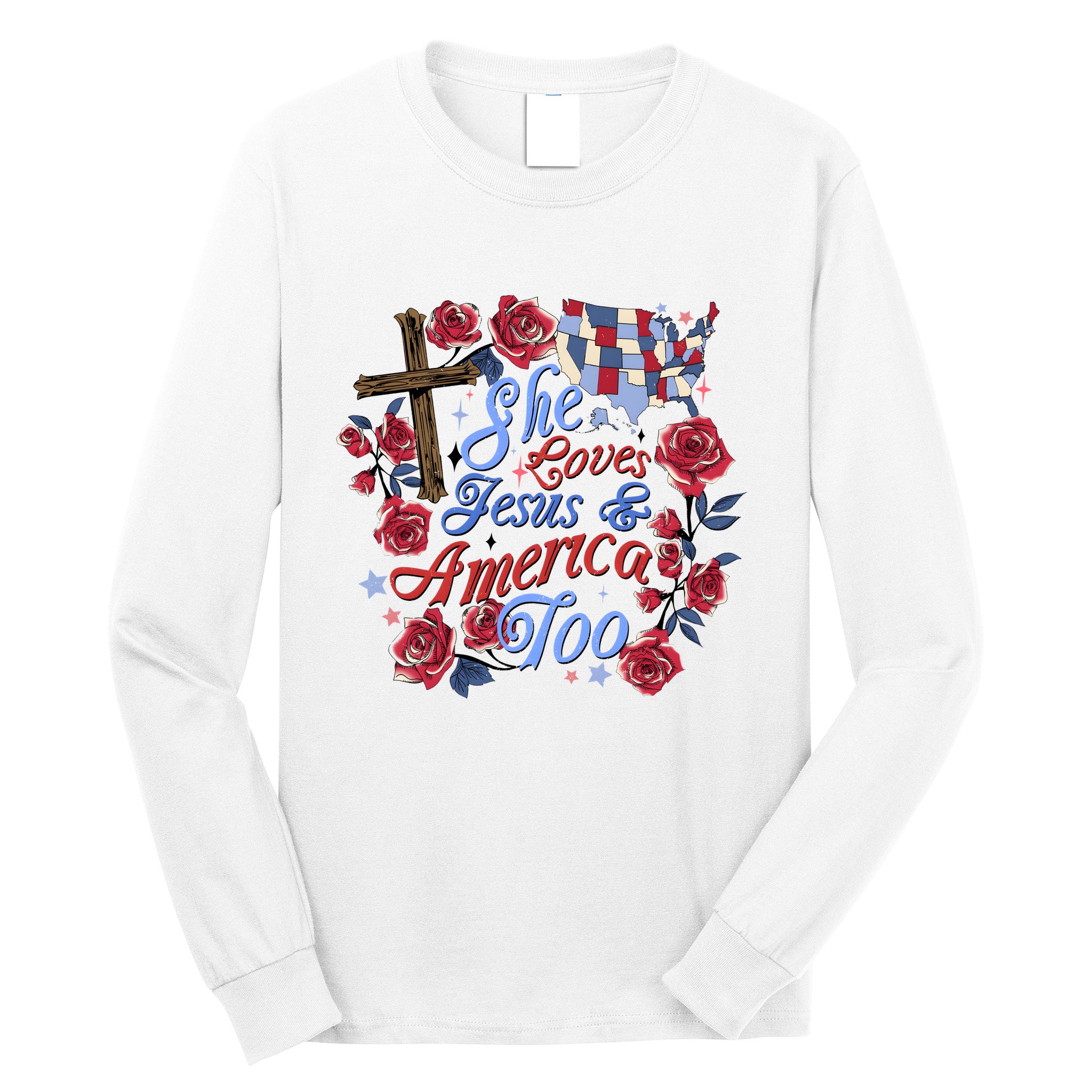 She Loves Jesus And America Too Floral Cross Long Sleeve Shirt