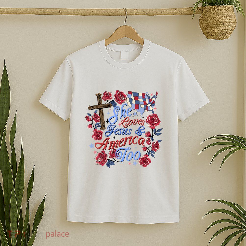 She Loves Jesus And America Too Floral Cross T-Shirt