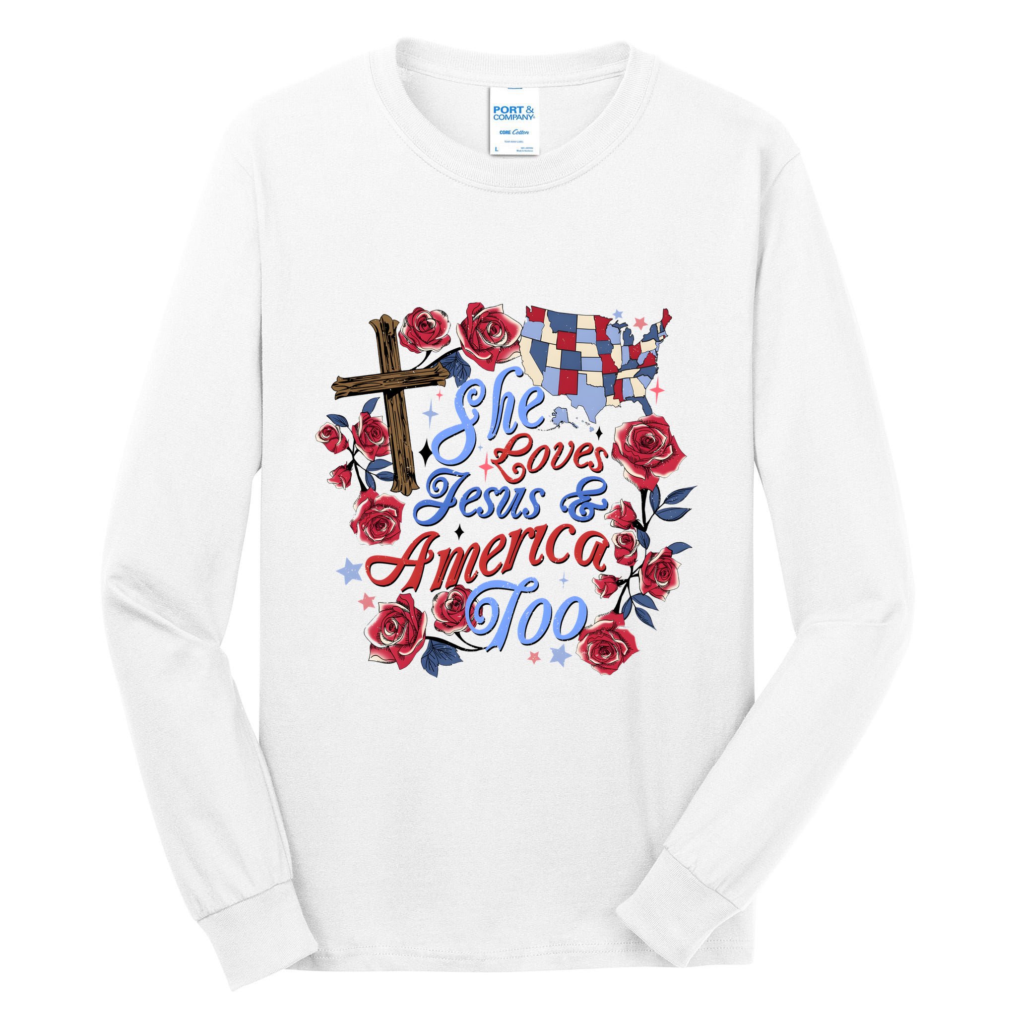 She Loves Jesus And America Too Floral Cross Tall Long Sleeve T-Shirt