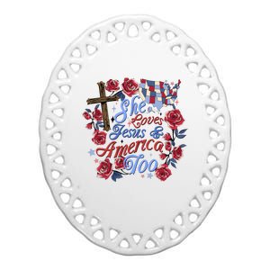 She Loves Jesus And America Too Floral Cross Ceramic Oval Ornament