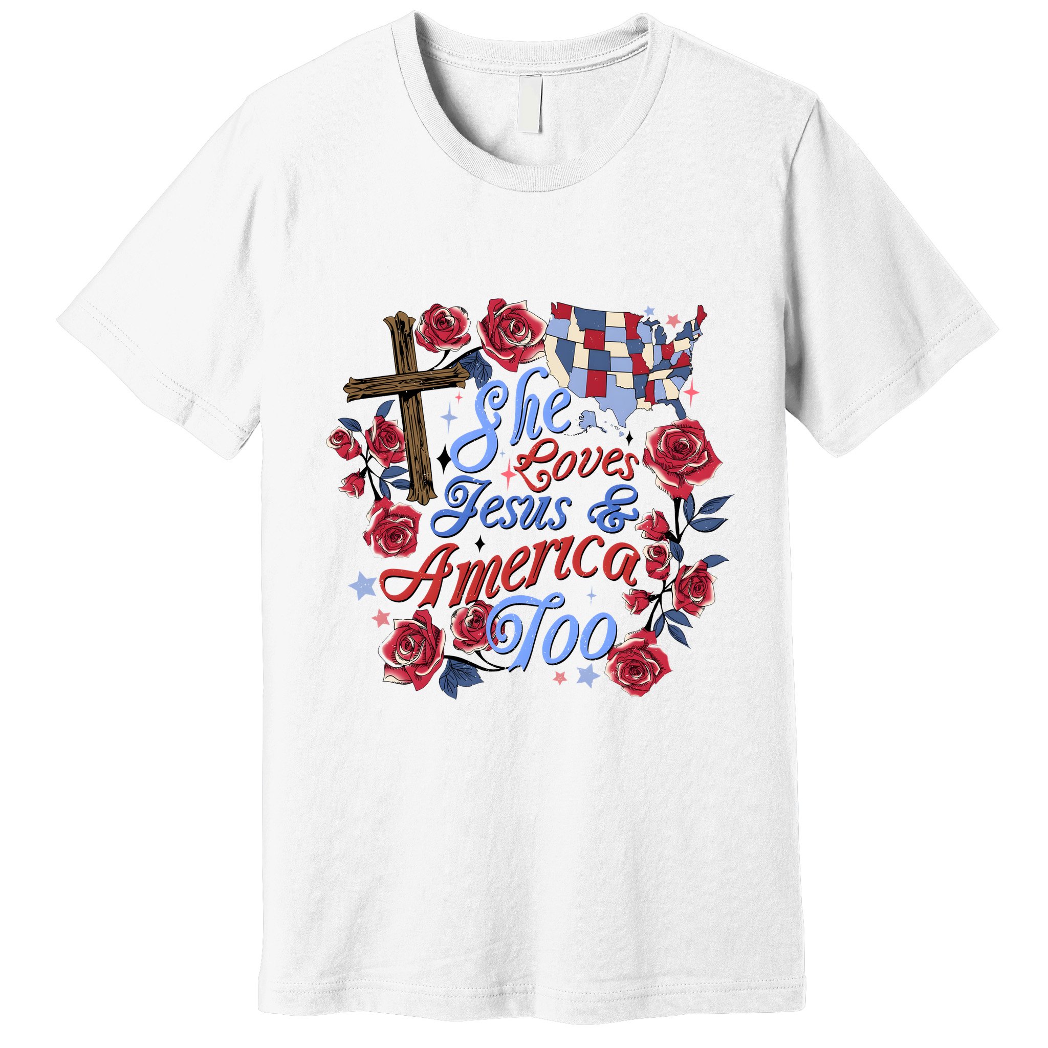 She Loves Jesus And America Too Floral Cross Premium T-Shirt