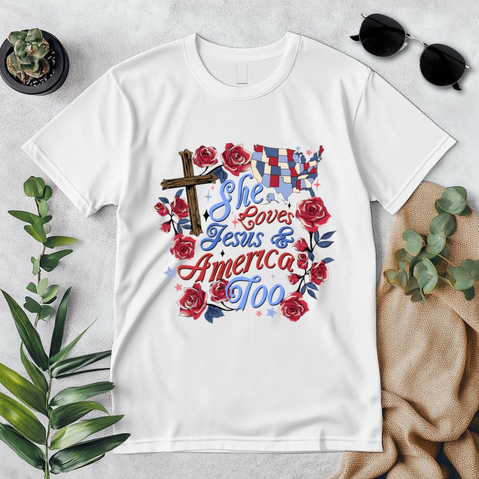 She Loves Jesus And America Too Floral Cross Premium T-Shirt